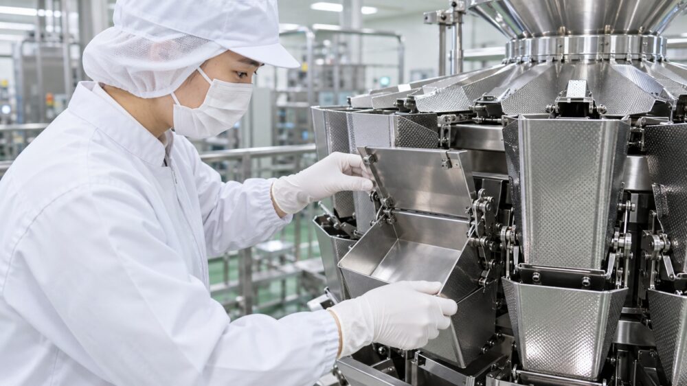 コンビネーションウェイヤーの計量ホッパー部分を点検する担当者